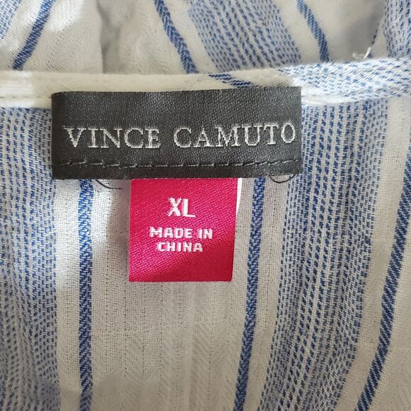 Vince Camuto Top XL White Blue Striped Blouse Ruffle Kimono 3/4 Sleeve Cottage - Picture 8 of 9